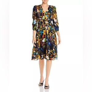 Kobi Halperin Yellow and Blue Wrap Midi Dress with Puff Sleeves